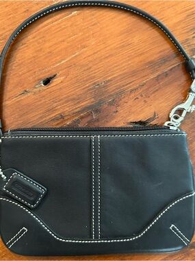 Coach Black Leather Wristlet with White Contrast Stitching